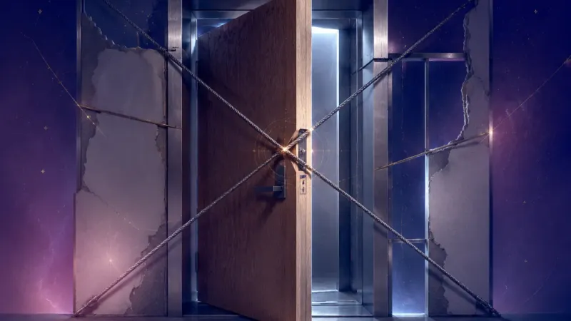 the latch corner pinched inside the X of two taut steel cables Crossed at the Latch
