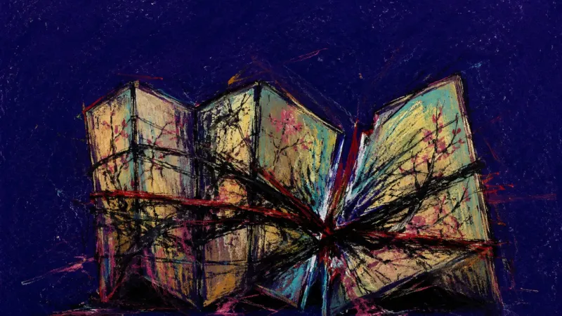 Buckled Partition A buckled folding screen trapped in dense crossing marks, expressing guilt and hypervigilance around