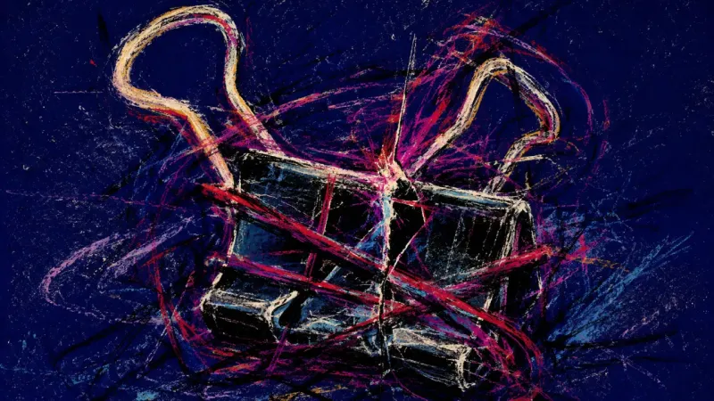 Clamped Ledger A binder clip crushed inward and tangled in harsh marks, symbolizing the pressure of turning care in