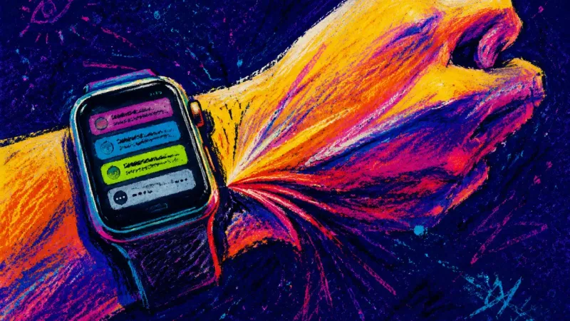 Bent Toward Urgency A wrist bent toward a crowded smartwatch display, capturing the strain of checking every alert the-