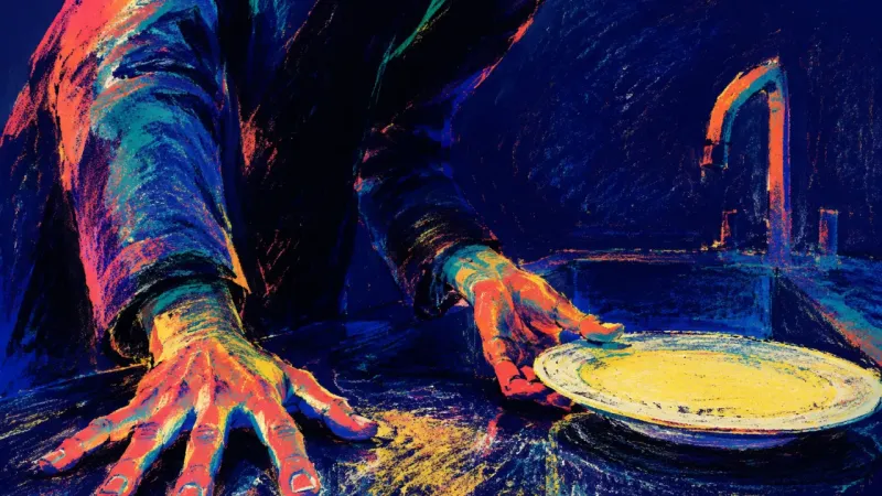 Threshold Verdict A coat-on torso pauses at a sink with one hand on the counter and the other stalled above a plate,
