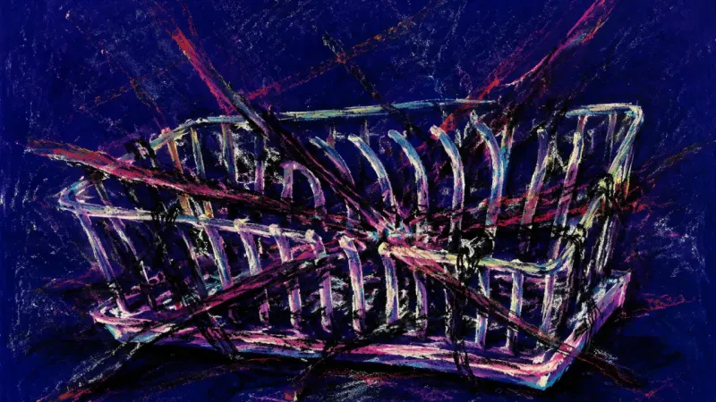 Collapsed Grid A warped dish rack trapped in dense crossing lines, expressing the shame and paralysis that make an