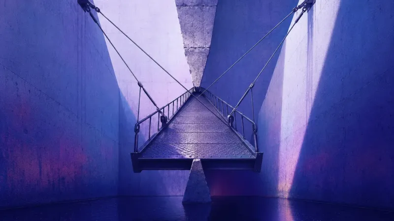 the exact front lip of the steel deck jammed against the stone tooth beneath the crossed cables Held Mid-Crossing