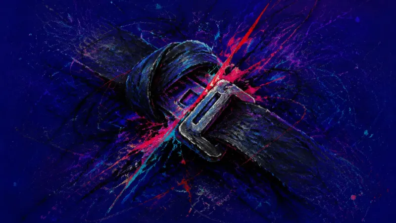 Cinched Silence A jammed seatbelt trapped in chaotic lines symbolizes self-censorship and the pressure to seem fine.