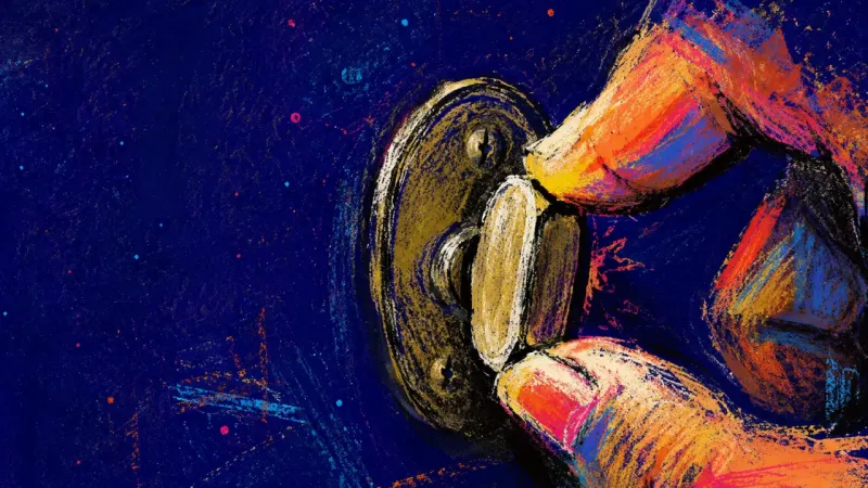 A hand repeatedly twisting a deadbolt thumb-turn at an apartment door, symbolizing guilt and tension