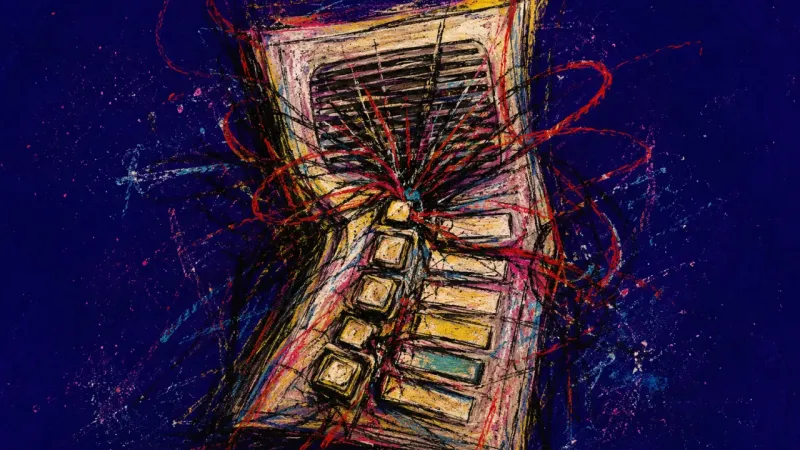 A warped intercom choked by tangled marks, representing guilt, overthinking, and pressure around a