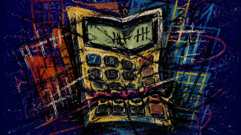 A distorted calculator trapped in chaotic marks, symbolizing housing anxiety, overthinking, and