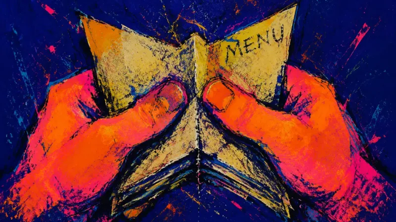 Both hands crush a folded restaurant menu inward after someone else answers a dinner question meant