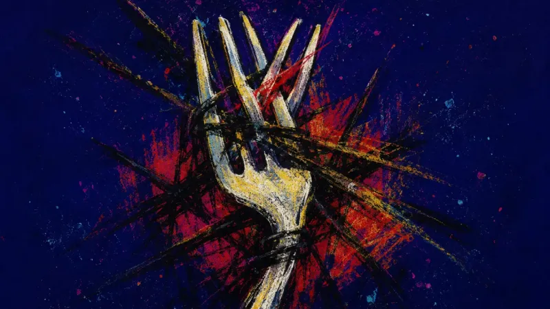 A fork bent inward and crowded by chaotic marks, expressing the pressure of being spoken for and