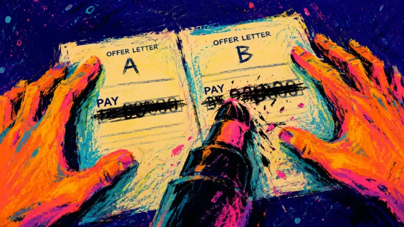 Two offer letters are pinned flat while the same pay line is marked over and over, reflecting career