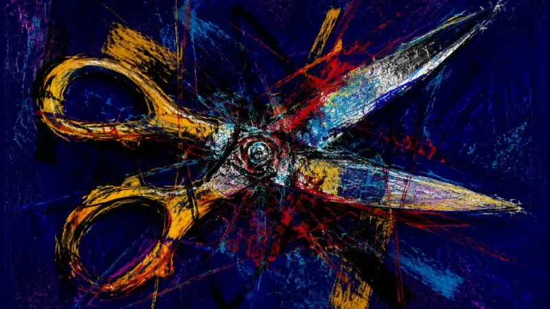 A pair of scissors warped and trapped in frantic marks, expressing job-offer paralysis, guilt