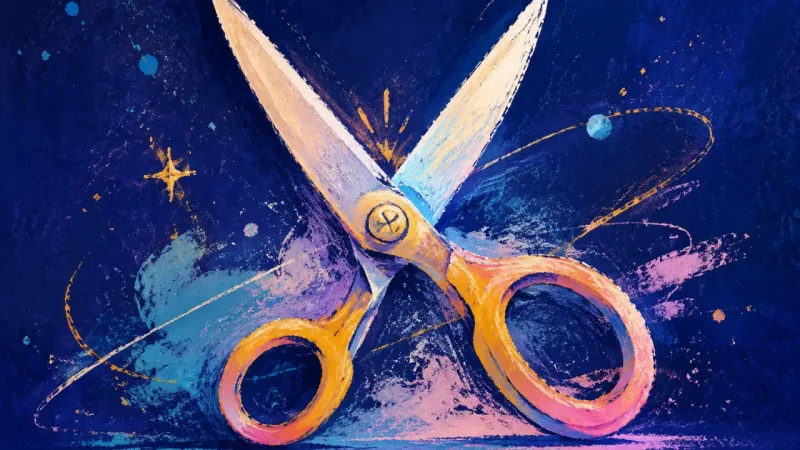 A pair of scissors opened into a clean, balanced form, reflecting clear priorities, direct