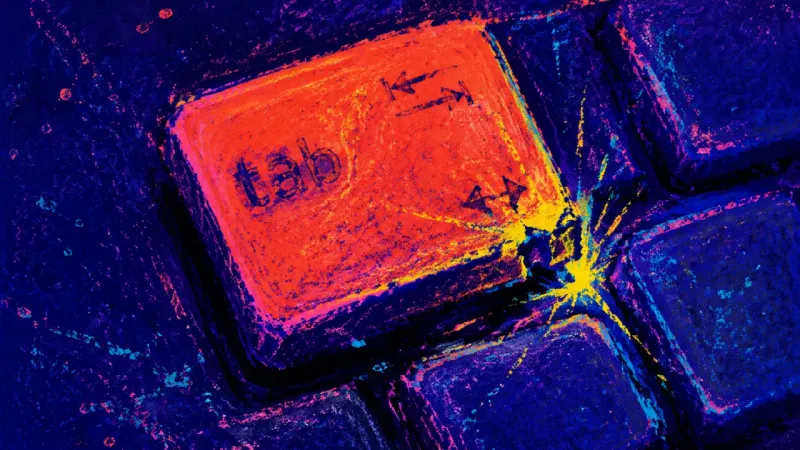 Before the Sentence A crooked laptop tab key jammed from repeated switching, reflecting the freeze between using AI for