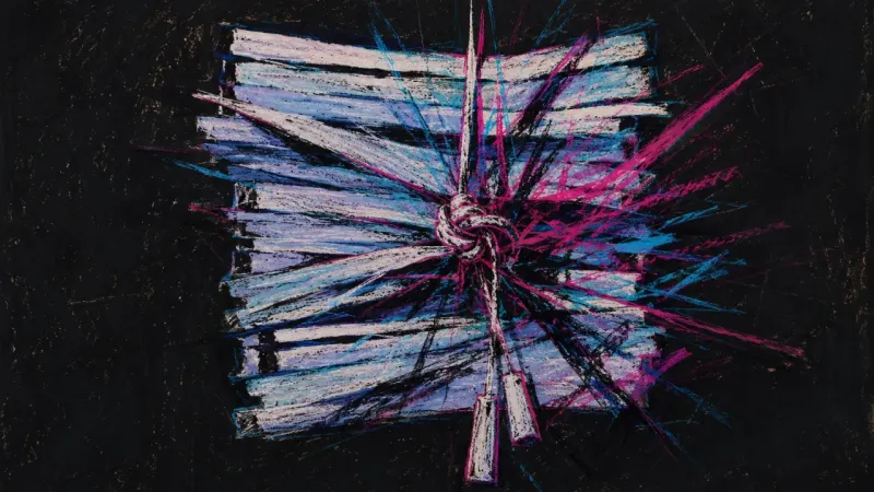 The exact choke point where the cord knots into the collapsed slats and the blunt pastel edge erupts into jagged cross-c Sightline Panic