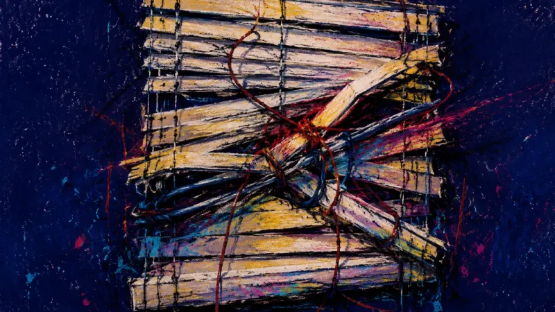 A warped window blind evokes domestic shame, hypervigilance, and the sense that everyday clutter can