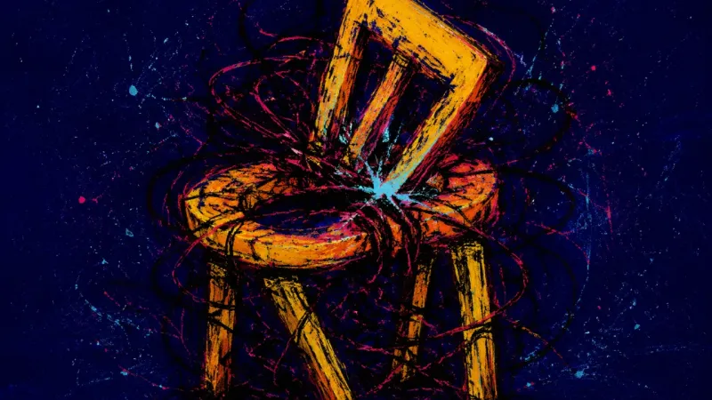 Seat Under Strain A chair folded inward and tangled in harsh lines, symbolizing people-pleasing guilt and fear of