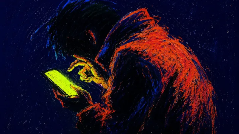 The stalled hinge of the hovering thumb above the screen, where the cramped wrist bend collides with the phone's brutally clean edge. When the Good Hang Turns on You
