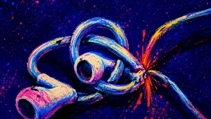 A pair of earbuds knotted around themselves, reflecting the late-night habit of replaying every word