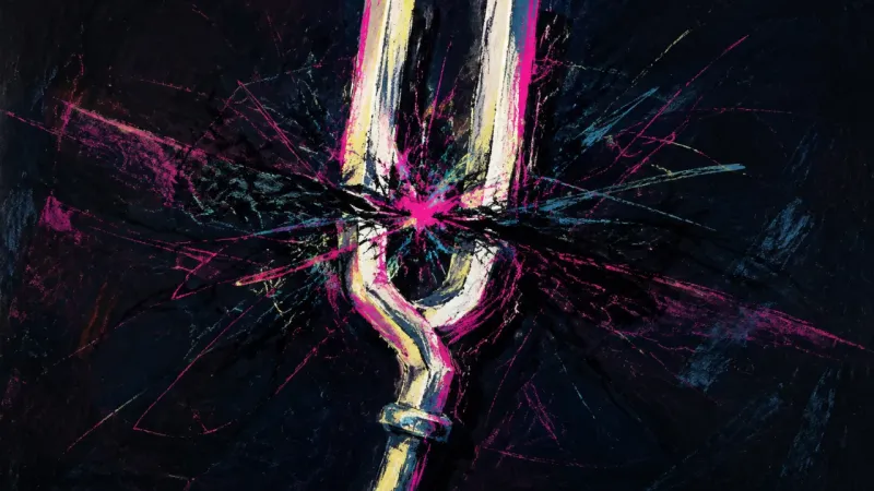 The exact choke point where a jagged heavy stroke jams between the two prongs and shatters the inner gap into nervous, s Dissonance After the Laugh