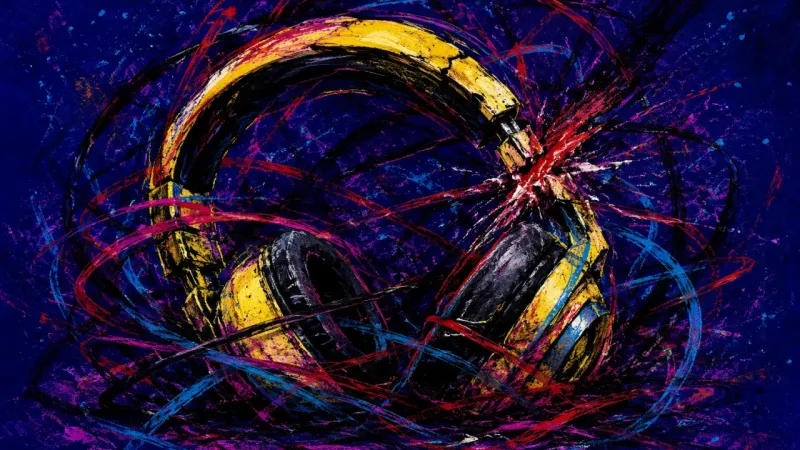 Distorted headphones trapped in dense tangles, symbolizing post-social rumination and the fear of