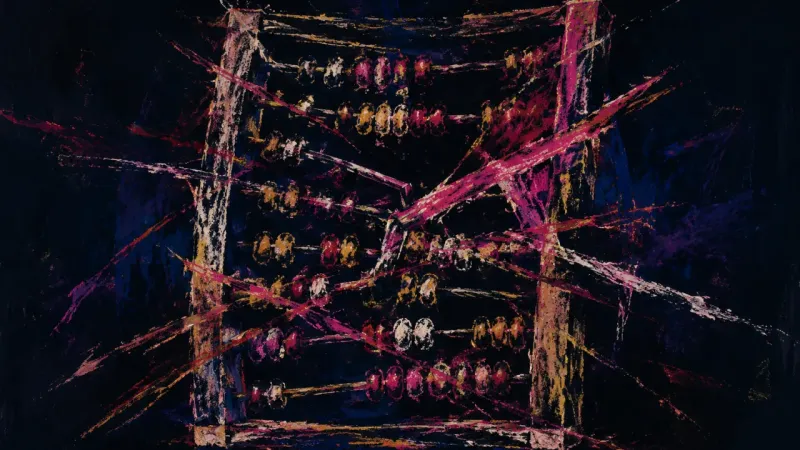The exact rupture where a bent rod forces a cluster of beads into a jammed wedge beneath one slashing chalky stroke. The Private Scoreboard