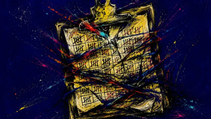 Private Scoreboard A warped clipboard crowded with tally-like marks, symbolizing shame-driven comparison and the pressu