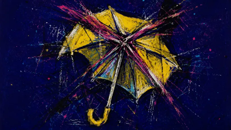 Shelter Under Strain A distorted umbrella trapped in crossed lines, symbolizing the paralysis of choosing between cheaper