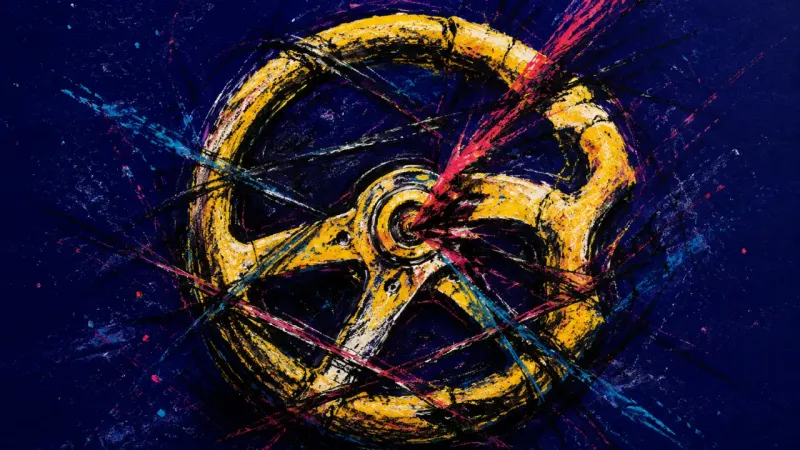 Seized Direction An abstract steering wheel twisted under heavy interference, representing bar exam choice paralysis