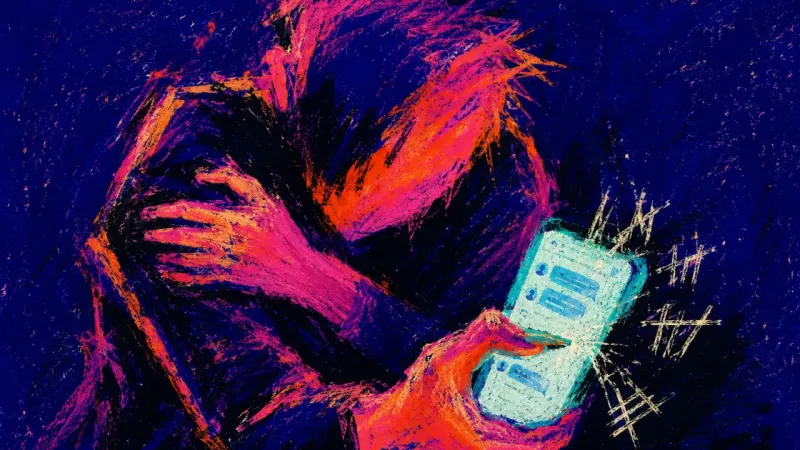 The strained thumb joint hovering at the screen edge, where the chalky hand contour fractures into frantic tally-like scratches. The 6:14 PM Buzz