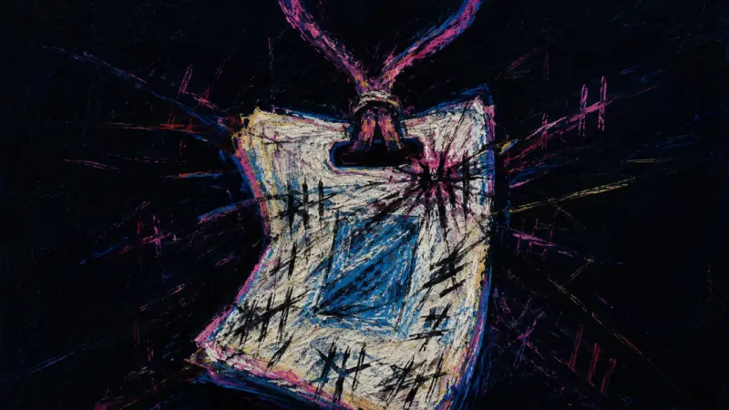The exact bite point where the cinched loop cuts into the badge slot and the pastel edge erupts into jagged tally marks. Convenience Loop
