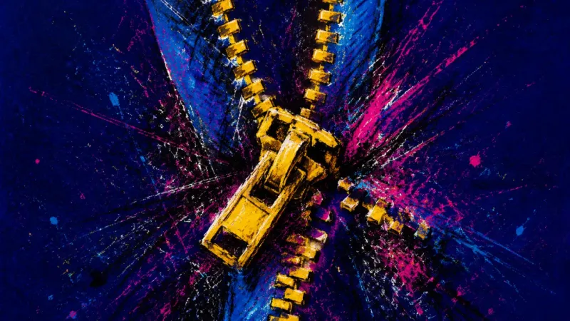 Jammed Threshold A distorted zipper trapped in dense crossing marks, representing perfectionism-fueled job applicatio