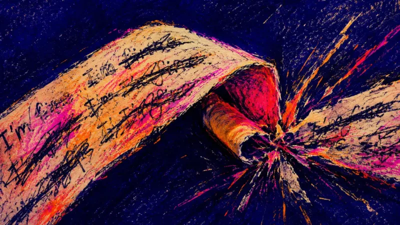 The razor-tight kink where the note strip folds into itself and the rough edge bursts into frantic, splintering scratches. The Line That Ate the Lecture