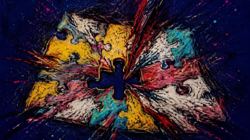 One Gap Collapse A jigsaw puzzle pulled inward around one missing piece, expressing study perfectionism, shame, and