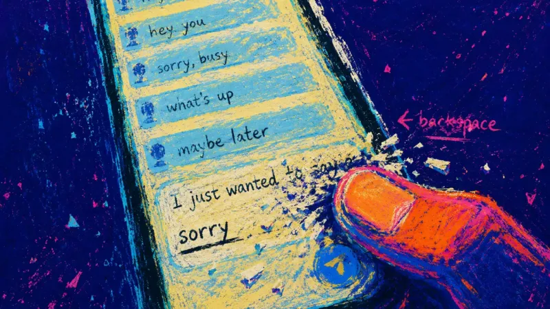 Held in Draft A thumb erasing and rewriting the same text reply on a phone, reflecting the urge to secure closness