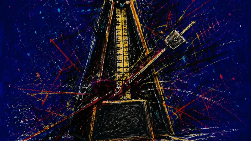 Seized Rhythm A warped metronome trapped in chaotic marks, symbolizing reply-speed anxiety and self-worth tied to