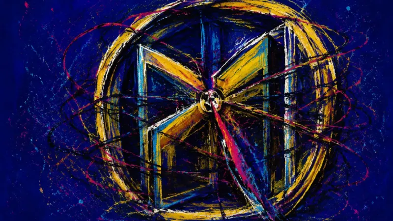 An abstract revolving door jammed into crossed panels, expressing post-breakup paralysis and the p