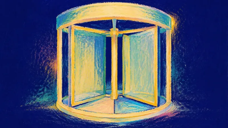 Measured Peace A revolving door restored to balanced rotation, representing clear standards, self-protection, and a