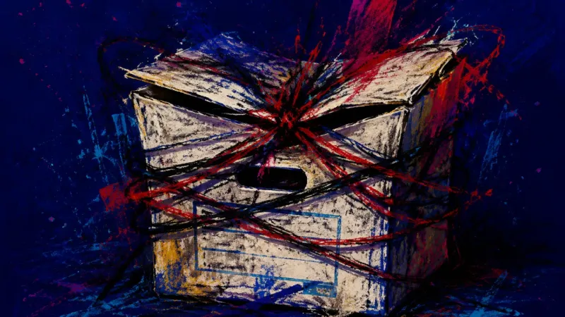 Weight of Asking A warped banker box bound by chaotic lines, symbolizing shame, over-control, and the pressure of ac