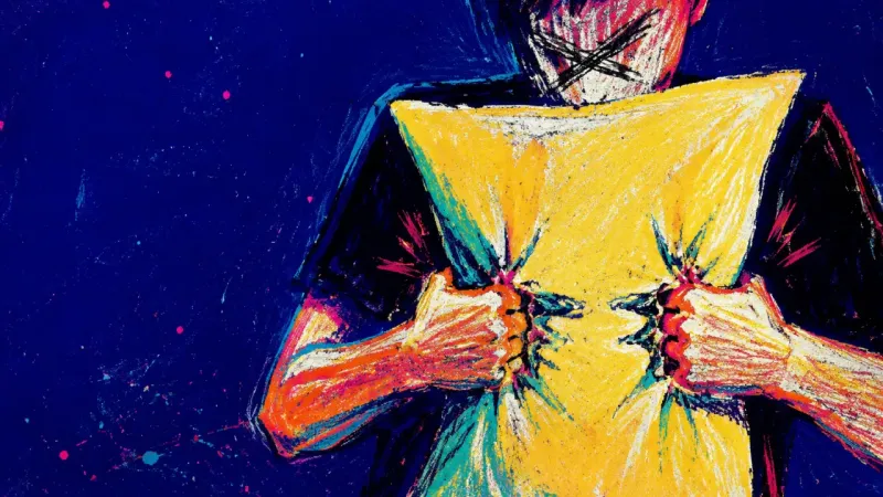 A cropped torso gripping a pillow until its sides cave inward, symbolizing the urge to earn clososen