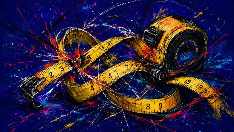 A tape measure twisted into sharp loops and trapped by crossing marks, representing job-offer anxie