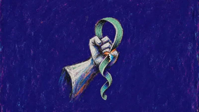 Held Between Stops A raised shoulder and clenched fist wring a transit strap loop into a tight helix, reflecting body-