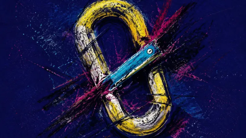 Jammed Gate A carabiner bent into a pinched loop with its gate jammed shut, representing conflict panic and fear