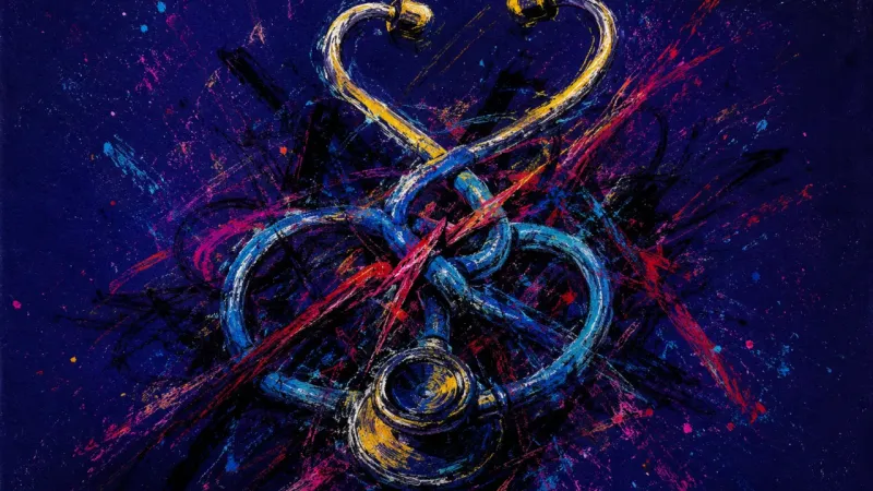 Choked Signal A stethoscope twisted into a choking snarl, reflecting compulsive monitoring, pressure, and lost