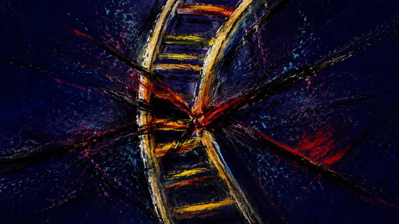 Distorted Ascent An abstract visual of golden-handcuffs burnout, where a warped ladder is squeezed into confusion by