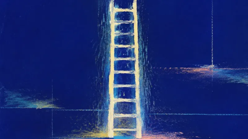 Measured Ascent An abstract visual of values-led career clarity, where a straightened ladder regains open spacing,