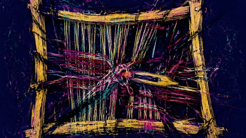 Workshop on Trial An abstract depiction of former gifted kid perfectionism, showing a loom buckled into tangled