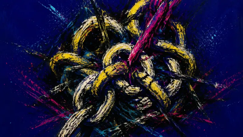 Strangled Links A chain twisted into a trapped knot, representing how canceled plans can trigger hypervigilance, w