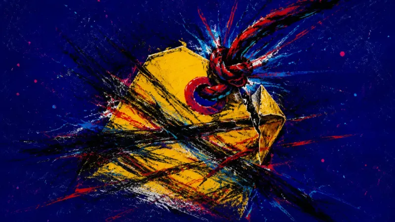 A price tag crushed by knots and crossing marks, representing guilt and self-censorship around ask