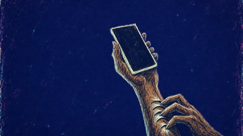 A hand holding an open phone while the other presses crescent nail marks into the inner wrist, evok​