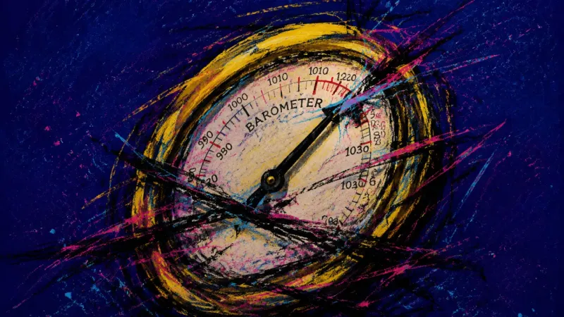 A warped barometer with a jammed needle and crowded markings, representing reply-time anxiety and a